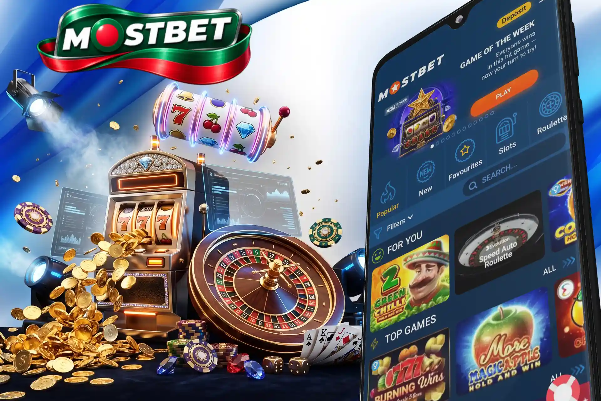 Rich selection of online casino games on the Mostbet app, featuring popular slot titles and roulette, accompanied by a 3D slot machine dispensing gold coins, a roulette wheel, and playing cards