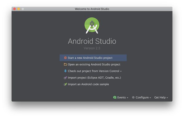 Android Studio Welcome Screen