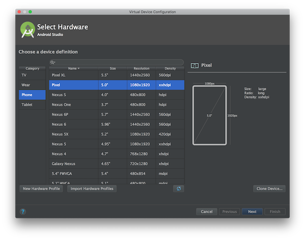 Selecting the emulator device type