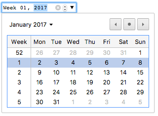 Ein Eingabefeld mit der Anzeige „Woche 01, 2017“. Die Jahreszahl 2017 hat denselben blauen Hintergrund wie der Fokusring. Im Eingabefeld befinden sich drei Symbole: ein X zum Löschen, ein Steuerelement mit kleinen Pfeilen nach oben und unten sowie ein größerer Pfeil nach unten. Unter dem Eingabefeld ist ein Kalender für Januar 2017 geöffnet. Die erste Spalte zeigt die Wochen 52, 1, 2, 3, 4 und 5; rechts davon ist der vollständige Monatskalender zu sehen. Die Zeile für Woche 1 mit dem 2. bis 8. Januar ist hervorgehoben. Auf Höhe des Monats befinden sich Schaltflächen zum Wechseln zum nächsten und vorherigen Monat.