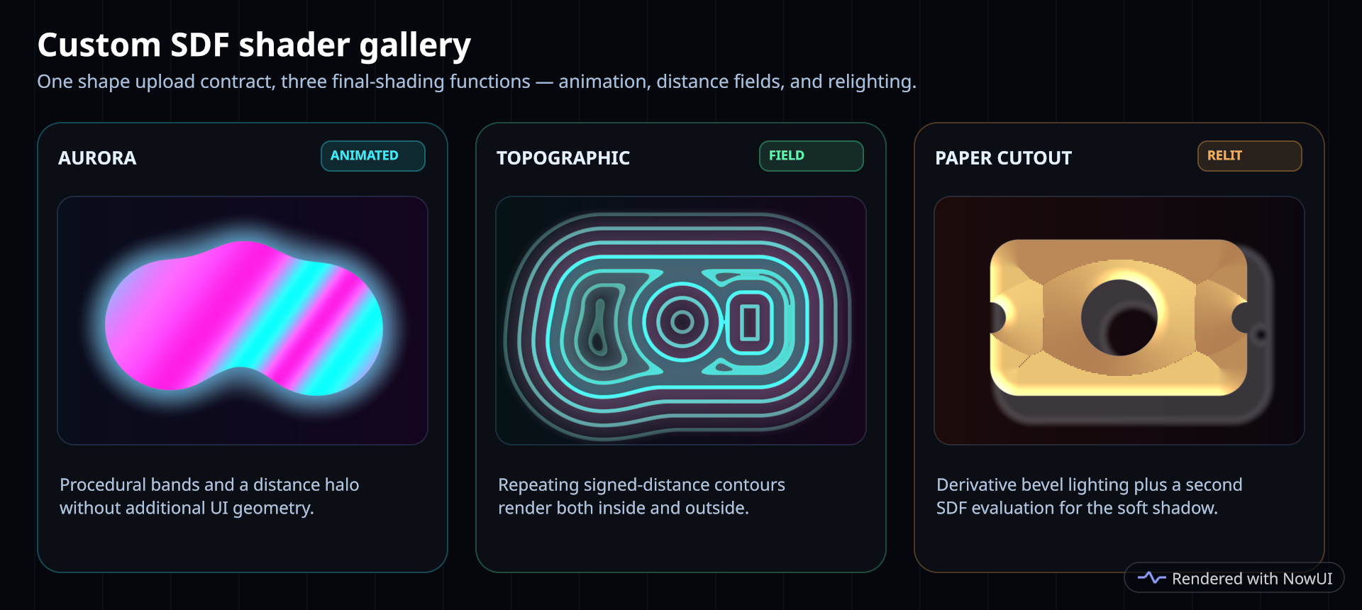 Custom SDF shader gallery: animated aurora, topographic contours, relit paper cutout