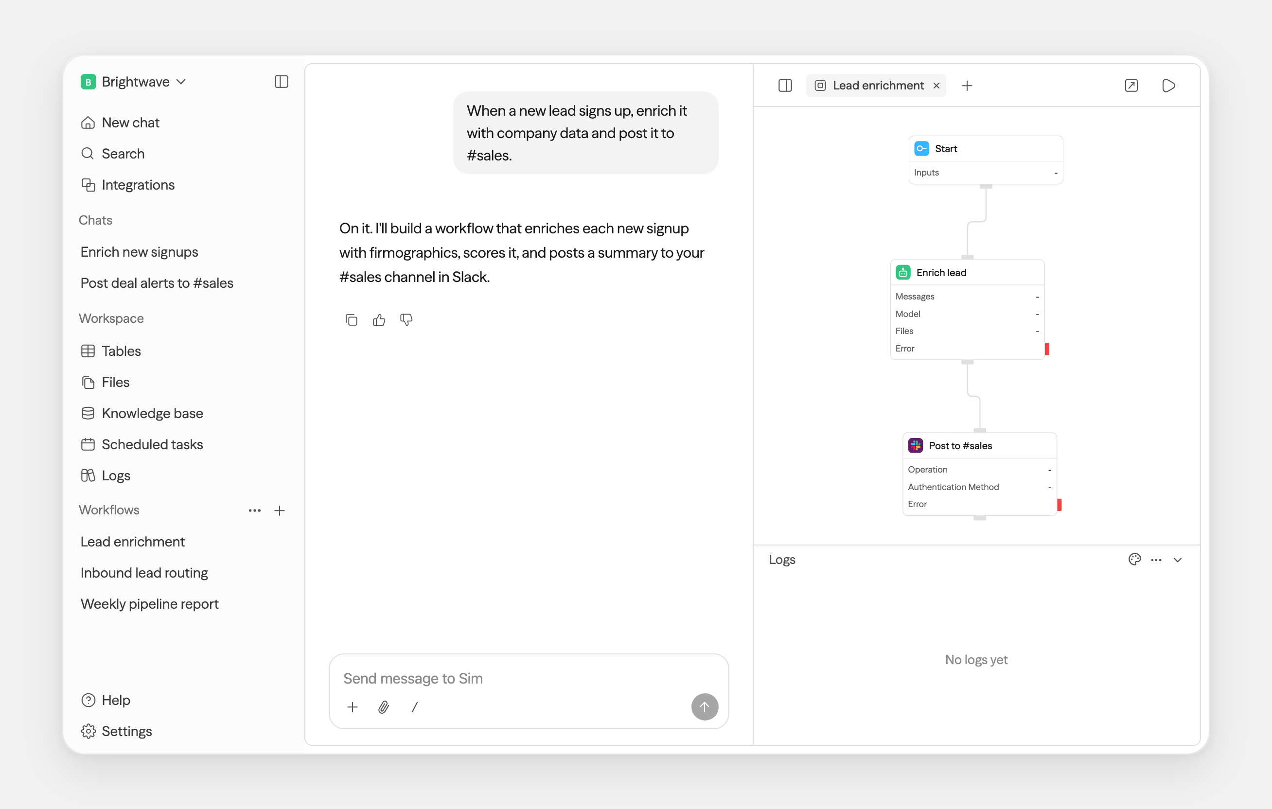 The Sim platform β chat on the left, the visual workflow builder on the right