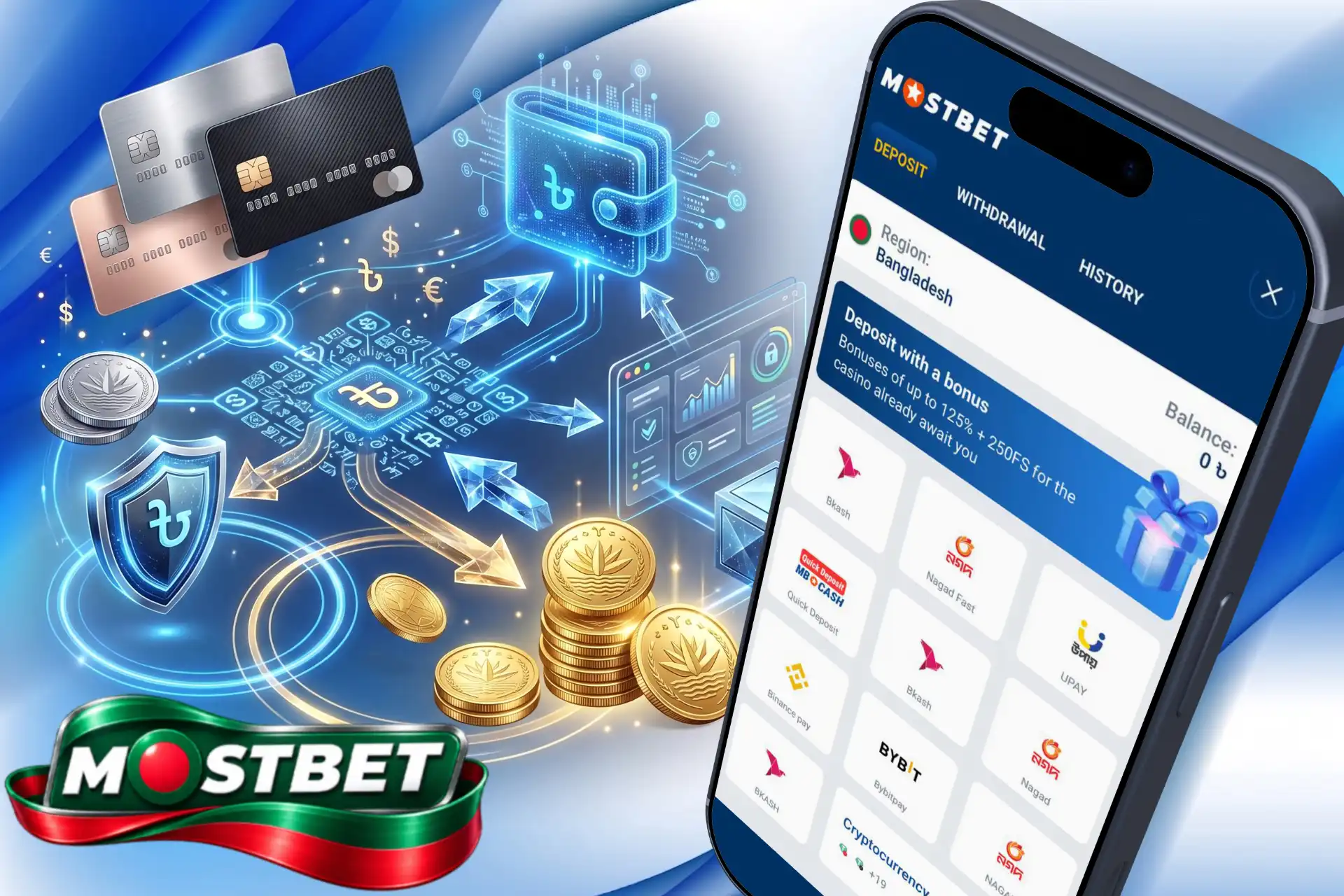 Secure payment and deposit methods for Bangladeshi users, displaying a mobile screen with local e-wallets like bKash and Nagad, alongside credit cards, digital wallets, and Taka cryptocurrency symbols